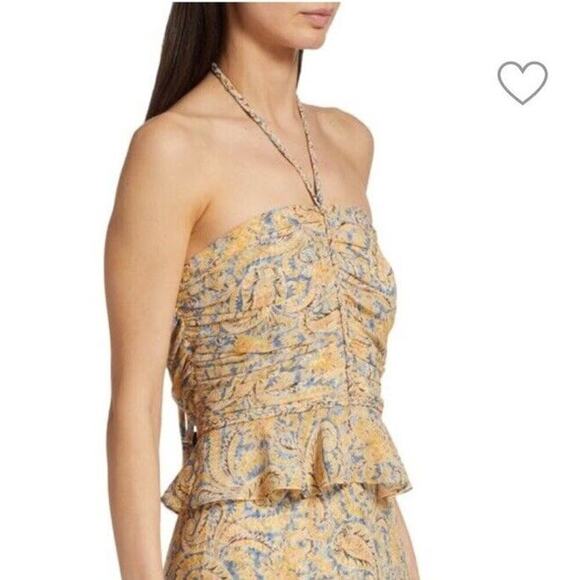 NEW Veronica Beard Arienne Blue/Yellow Silk Gathered Halterneck Top Size 0 - Picture 3 of 5